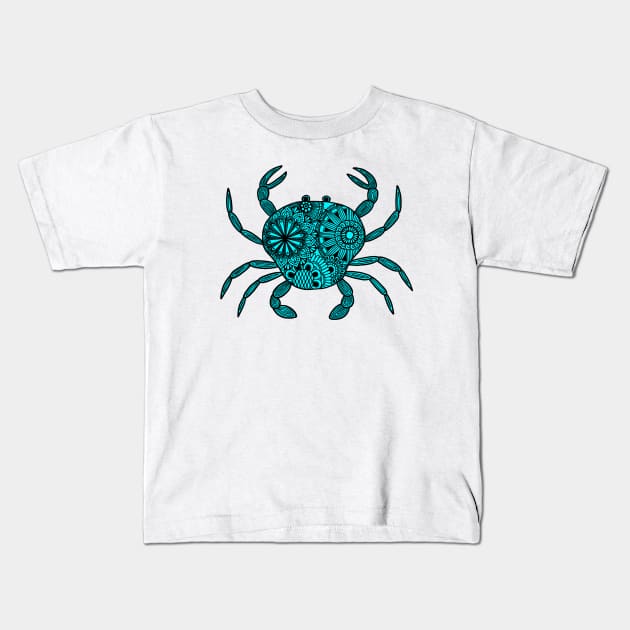 Mandala Crab (cyan and black) Kids T-Shirt by calenbundalas